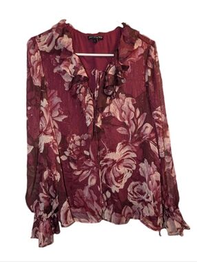 Sam And Jess Burgundy Floral Ruffle Sheer Long-Sleeve Blouse XL